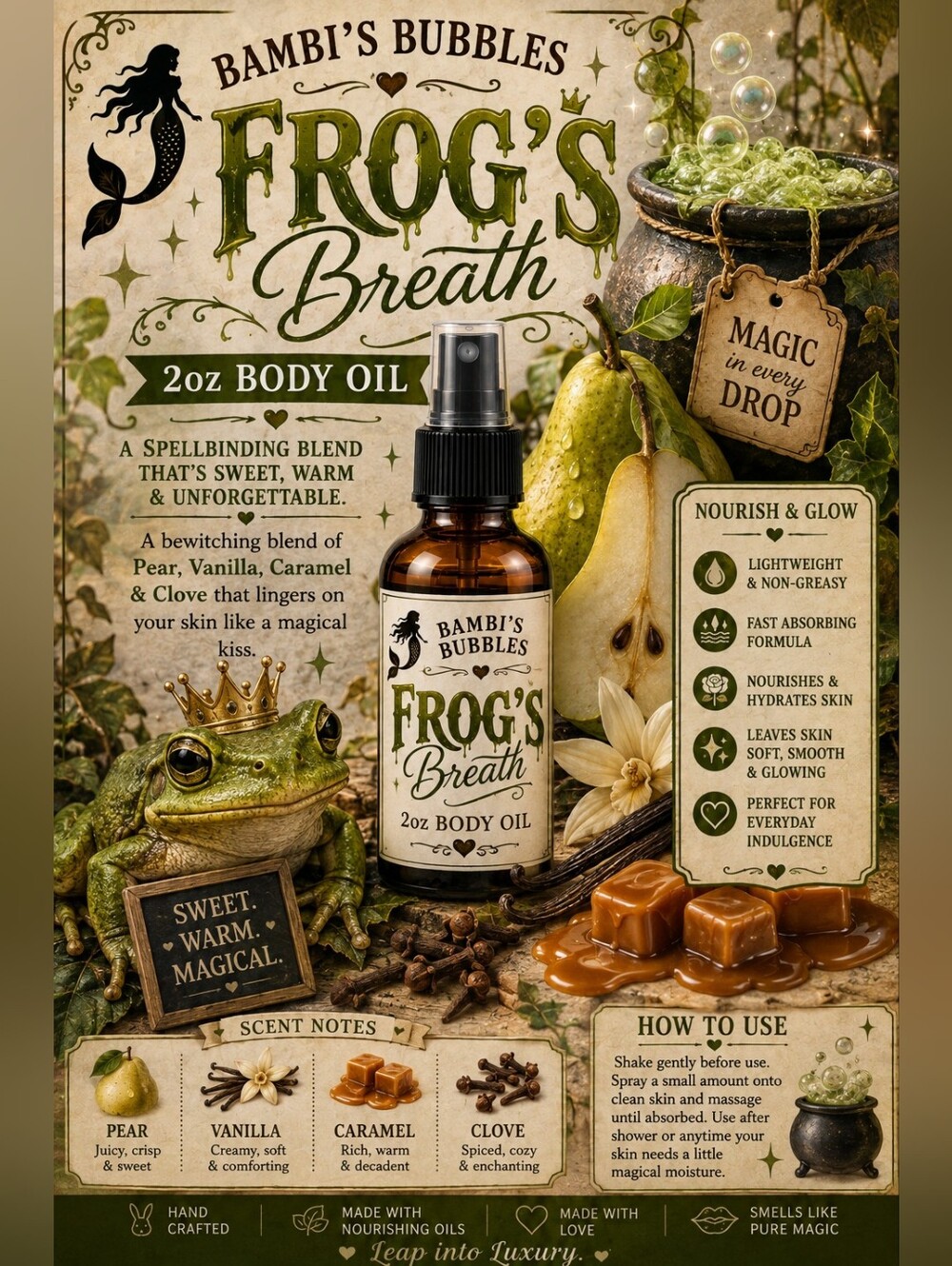 New! Bambis Bubbles Frog Breath 2oz Body Oil